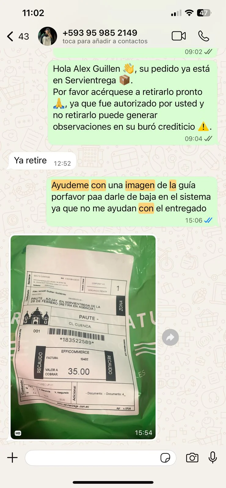 Compra reciente de cliente